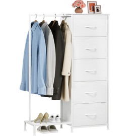 Somdot Dresser with Hanging Rack, 5 Drawers Small Closet for Bedroom, Reversible Dresser with Clothes Rack, Kids Dressers for Bedroom Chest of Drawers, Tall Storage Tower, White Leather
