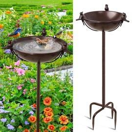 YALINKA Freestanding Birdbaths Bowl Outdoor, Standing Garden Bird Bath Feeder Bowl with 3 Bird Statues, Birdbath & Birdfeeder with Metal Stake Garden Yard Lawn Decor (Brown)