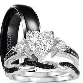 LaRaso & Co His and Hers 3 Piece Trio Sterling Silver Black Wedding Band Engagement Ring Set