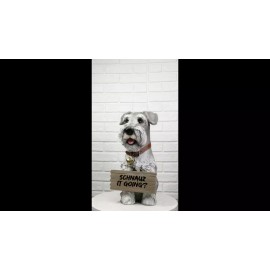 Adorable Grey Schnauzer Dog Sitting With Jingle Collar Greetings Sign Statue