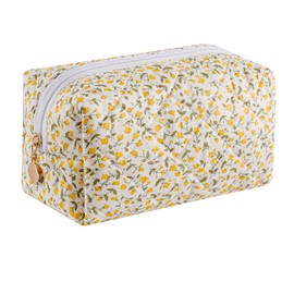 HHQQWZ Makeup Bag Travel Cosmetic Bag for Women Girls, Zipper Make Up Pouch, Floral Flowers Toiletry Organizer Makeup, Portable Storage Cosmetic Travel Cloth Bag (Yellow Floral)