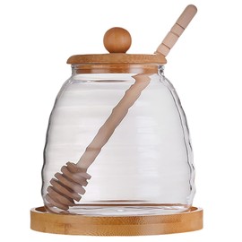 Glass Honey Pot Honey Jar with Spoon and Lid Glass Honey Equipped with wood Honey Stick And tray, For home kitchens (1, A)