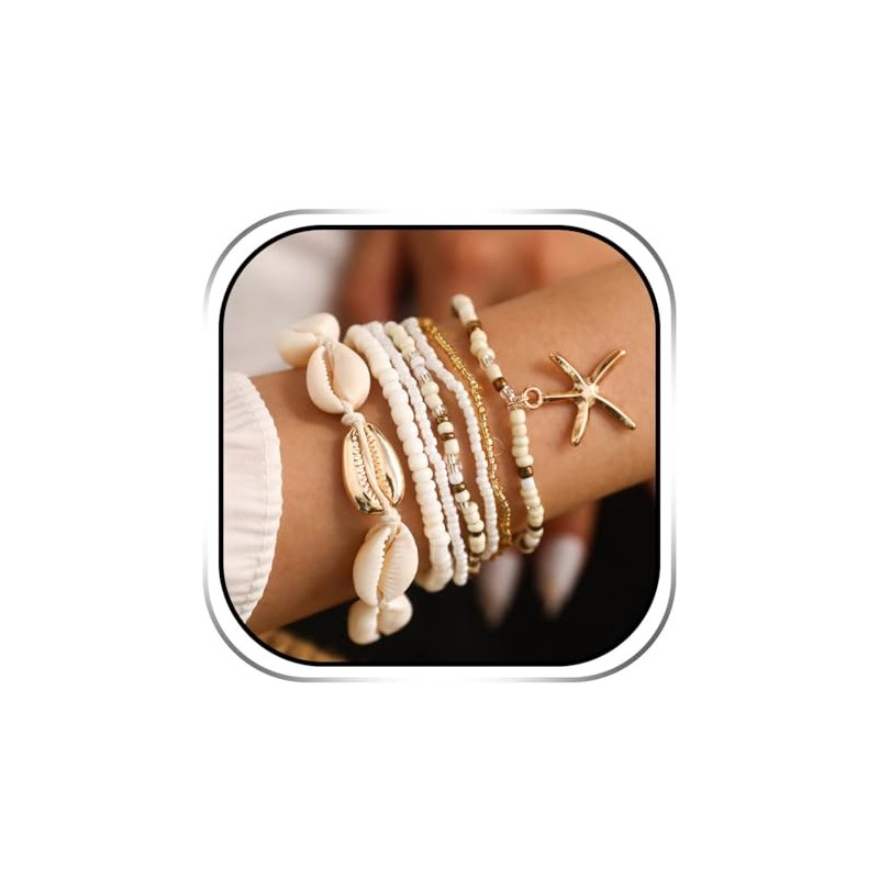 Evlry Boho Shell Starfish Charm Bracelet Set Beach Beads Bangle