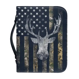 Talayituse Camo Deer American Flag Pattern Faux Leather Bible Cover for Men Boys Women Girls Christian Bible Case with Handle Carrying Book Case Protector Bible Tote Handbag Gifts, XL