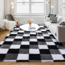 KICMOR Living Room Rugs 5x8, Fluffy Shag Fuzzy Plush Black White Grey Checkered Area Rug Furry Soft Shaggy Carpet for Bedroom, Indoor Floor Rugs for Kids Boys Girls Dorm Nursery Playroom Home Decor