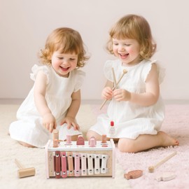 Joyreal Montessori Toys for 1 Year Old Girl Gift - Pink Wooden Hammering Pounding Toy with Xylophone & Fishing Game - Toddler Learning Activities for Kids 1+ 2 3 Year Old Christmas Birthday Gifts