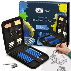 Artina Bari 33-Piece Pencil Set - Drawing Set Drawing Pencils with 12 Pencils, 3 Charcoal Pencils, 1 Graphite Pencil - Sketching Pencil Set with Lots of Accessories & Bag - Pencil Set for Drawing