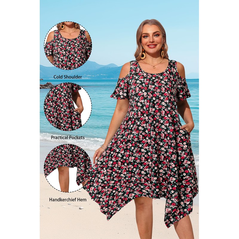 Plus Size Sundress Summer Floral Beach Casual Pocket Flowy Swing