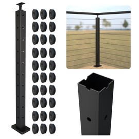 Corner Cable Railing Post 36" (35"x2"x2"), T-drilled Three Sides Corner Post, Angle Bracket Stainless Steel Railing Post, Black Deck Post with Cable Grommets, Surface Mount Post for Porches, Decks