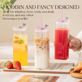 KEMORELA 6PCS Pink Square Drinking Glass Cups, 17 Oz Modern Glassware with Lids & Straws - Old Fashioned Cocktail Glasses for Juice, Iced Coffee, Bubble Tea, Party Drinkware