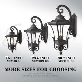 Emliviar 16.1" Vintage Outdoor Wall Light, Industrial Exterior Front Porch Light for Gazebo, Die-cast Aluminum with Seeded Glass, XE291B BG