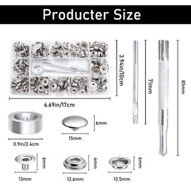 Pack of 200 Snap Fastener Kit, 15 mm Heavy Duty Canvas Snap Button, Stainless Steel Press Stud Cap with 3 Adjustment Tools for Boat Bag, Leather, DIY Craft