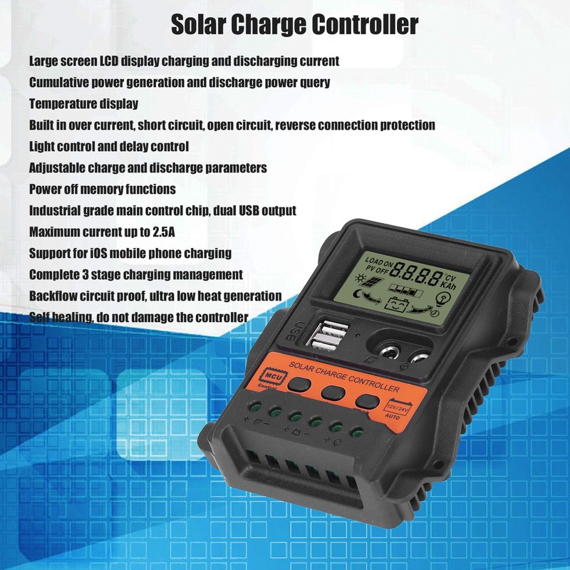 Solar Charge Controller LCD Display 2 USB Output PWM Panel