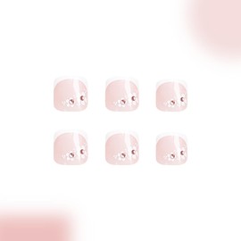 24Pcs Flower Press on Toenails Summer Fake Toe Nail with French Tip Designs Rhinestones Press on Toenails Cute Acrylic Toe Nails Stick on Toenails for Women Girls Summer Beach Manicure