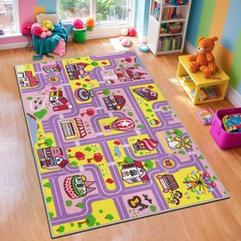 Capslpad Kid Rug for Playroom Purple Play Rug Traffic Road Car Play Mat 6.6x5.0 ft Educational Learning Area Rug Washable Kids Carpet for Children Girls Bedroom,Playroom,Nursery Room Decor