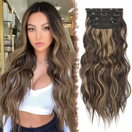 FESHFEN 20" Thick Highlight Long Wavy Synthetic Hair Extensions Full Head Clip in Hair Extensions 4 Pieces Brown with Caramel Blonde Strands