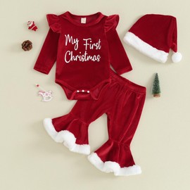 FIOMVA My First Christmas Baby Girl Outfit Newborn Fall Winter Clothes Infant Romper Bell Bottoms Santa Hat 3pcs Set (D Red, 0-3 Months)