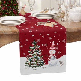 Winter Christmas Table Runner-72in,Snowman Xmas Tree White Snowflake Dresser Scarves Red Linen Tabletop Runners for Kitchen Dining Room Holiday Party Tables Decor