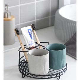 ARFUKA Stainless Steel Bathroom Toothbrush Holder Toothpaste Holder Stand 5 Slots Bathroom Counter Organizer with Tumbler Cups