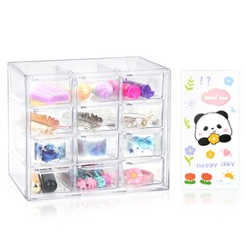 Mini Clear Storage Drawers, Desk Storage Organizer with 12 Drawers, Plastic Desktop Craft Storage Box with Sticker for Makeup Jewelry Bathroom Craft Supplies Stationary(12 Drawers)