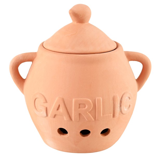 HOME-X Unglazed Terra-Cotta Garlic Keeper, Kitchen Counter Accessory, Farmhouse Storage Container with Lid, Small Storage Jar for Garlic Bulbs, 5 ¼” D x 4 ¼” H, Terra Cotta