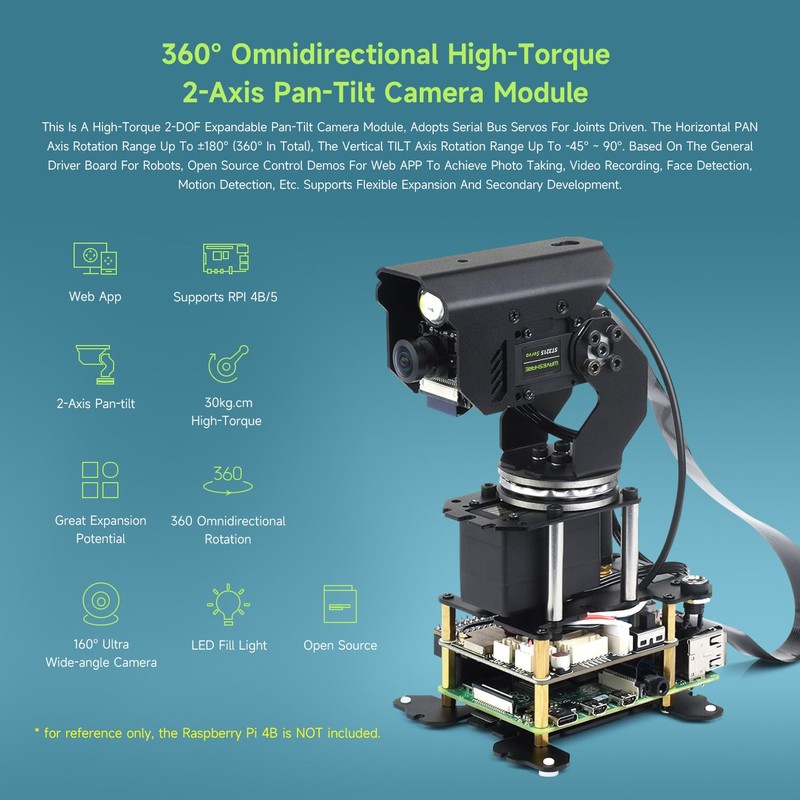 Waveshare 360° Omnidirectional High-Torque 2-Axis Expandable Pan-Tilt Camera Module, Compatible
