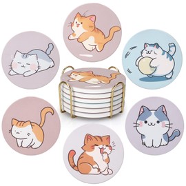 Bonito juego de 6 posavasos de regalo para amantes de los gatos con soporte, posavasos de cerámica para mesa, posavasos con temática de gato, regalos Kawaii, decoración de anime, computadora, bebidas,