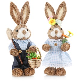 com-four® 2 x Handmade Straw Easter Bunny - Decorative Easter Bunny for Easter Decoration - Straw Figures for Easter - Decorative Rabbit Made of Straw - Handmade Rabbits (02 Pieces - Blue/White Check)