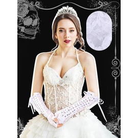 Long Lace Half Finger Gloves Women Elbow Punk Flower Ribbon Gloves for Bridal Wedding Tea Party Dance Prom Accessories (White, One size)