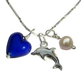 Charm Necklace Blue Murano Glass Heart, Pearl Dolphin Sterling Silver. Gift Wrapped For Her. Jewellery by Lesley