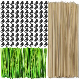 TIHOOD 200PCS/Set Bamboo Plant Stakes Kit, 50PCS Orchid Clips with 50PCS 18” Green Bamboo Plant Stakes, 100PCS Metallic Twist Ties for Supporting Stems Vines Stalks Grow Upright (Yellow)