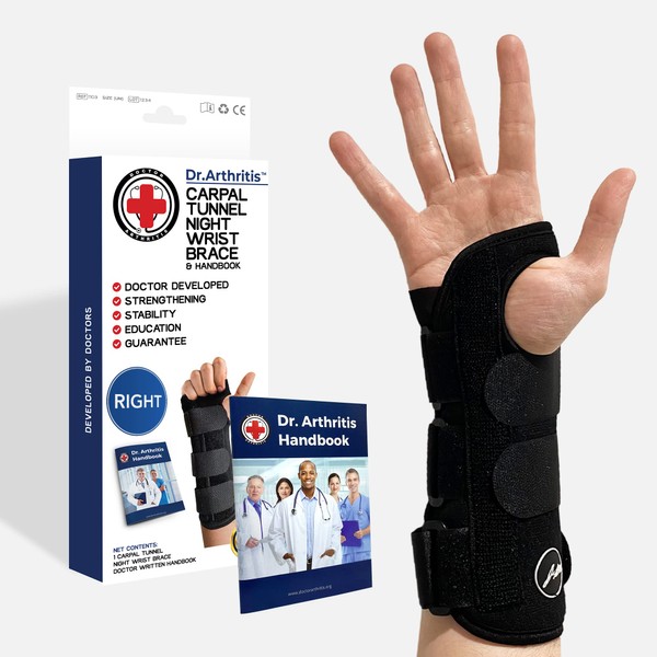 Doctor Developed Carpal Tunnel Wrist Brace Night Support with Splint [Single] Wrist Support, Sleep Brace and Wrist Wrap -Registered Class I Medical Device & Doctor Handbook - Fully Adjustable (Right)