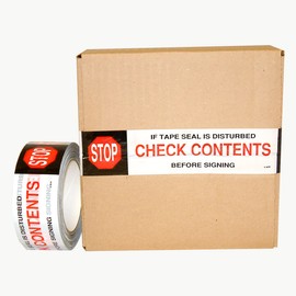 JVCC PP20 Printed Packaging Tape: 2 in. x 110 yds. (White with "IF TAPE SEAL IS DISTURBED CHECK CONTENTS BEFORE SIGNING" printing)
