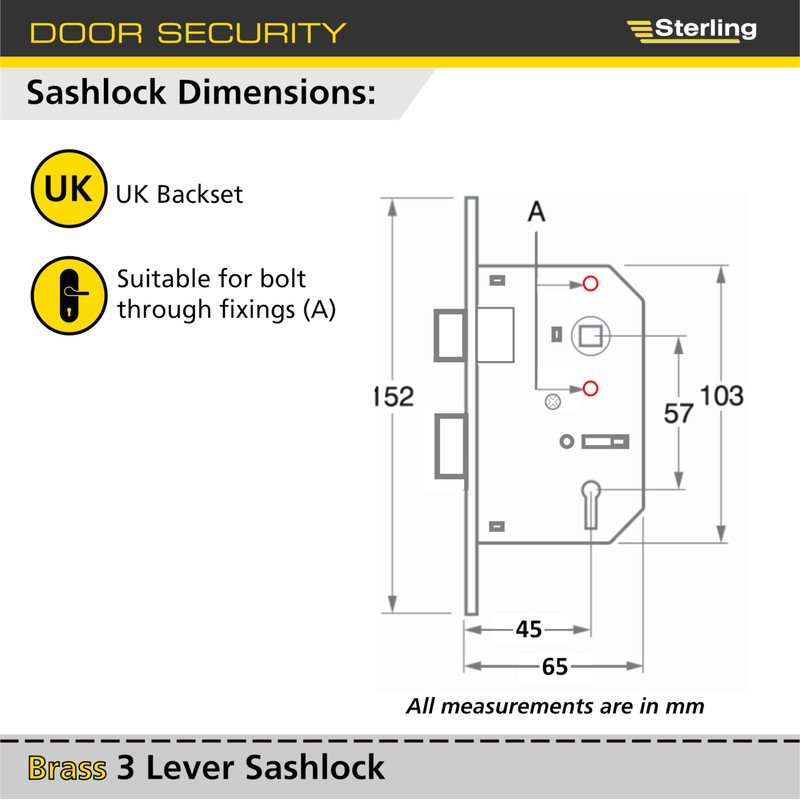 Sterling MLS325 2.5-inch/65mm 3-Lever Sashlock - Brass