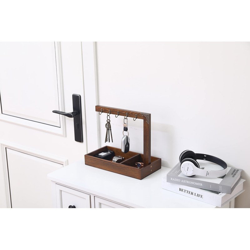 POKHDYE Wood Entryway Tabletop Key Holder Rack，Rustic Burnt Decorative Organizer