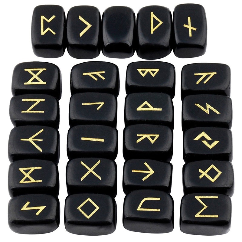 mookaitedecor Black Obsidian Runes Stones Set (25 Pieces), Tumbled Gemstone