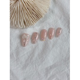 Pink nude tone wedding nail tips twinkle dot ribbon parts, paddy tip - 4. Transparent almond / 핑크 누드톤 웨딩 네일팁 트윙클 도트 리본파츠, 패디팁 - 4. 투명 아몬드