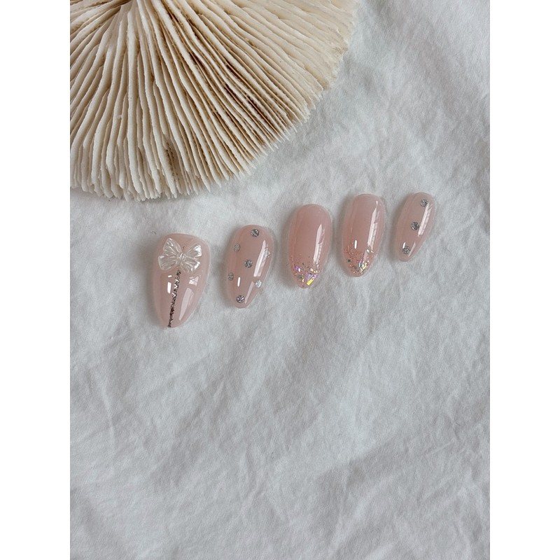 Pink nude tone wedding nail tips twinkle dot ribbon parts,