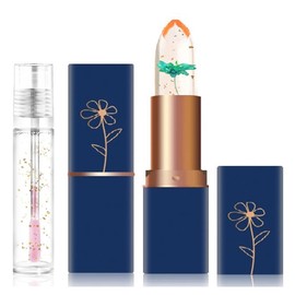2 Pieces Crystal Flower Jelly Lipstick Set Magic Colour Changing Lipstick and Lip Oil Set PH Transparent Colour Temperature Changing Lip Gloss Long Moisturising Lipstick Set #05