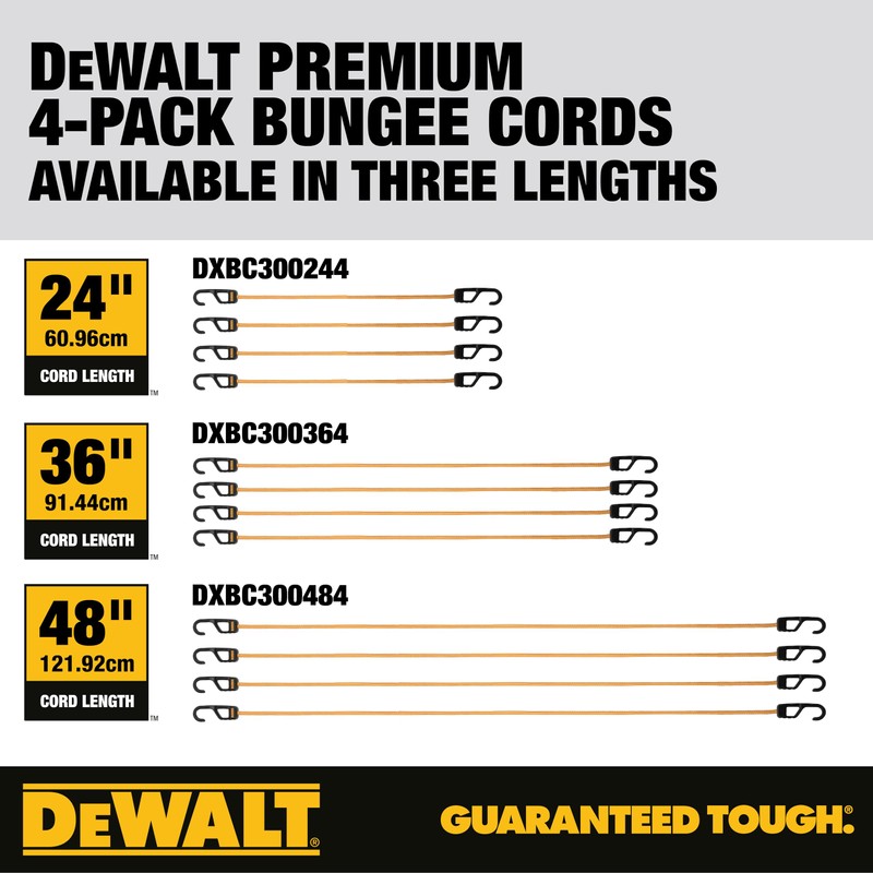 DEWALT DXBC300244 Black/Yellow 24” Premium Heavy-Duty Bungee Cords, 4 Pack