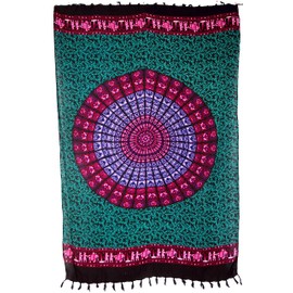 GURU SHOP Bali Sarong, Wall Towel, Wrap Skirt, Mandala Sarong Dress, Men/Women, Turquoise/Pink, Synthetic, Size: One Size, 160 x 115 cm