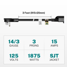 FIRMERST 1875W Flat Plug Extension Cord 3 Feet 14 AWG 15A Black, UL Listed