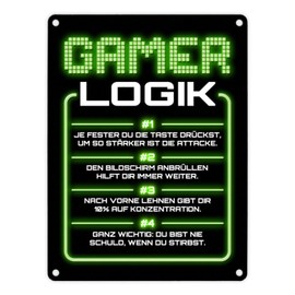 Gamer Logik Metal Sign in Green 15 x 20 cm as Cool Decoration for the Gaming Room of Boys and Girls Who Like to Daddle All the Time