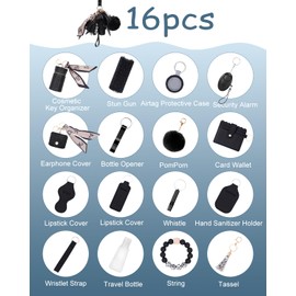 Ankilo Safety Keychain Set for Women, Wristlet Keychain Set with Personal Alarm, Earphone Case, Lipstick and Perfume Bag, Pom Pom, Card Wallet (Black)