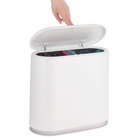 SuoXing Slim Plastic Trash Can Wastebasket with Press Type Lid,2.7 Gallon Garbage Container Bin,12L Modern Dispenser for Bathroom,Powder Room,Bedroom,Kitchen,Craft Room,Office,White