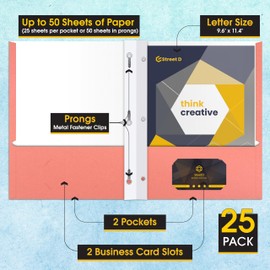 2 Pocket Portfolio Folders with Prongs (Metal Fastener Clips), 25 Pack, Cool Trendy Colors, Fits Letter Size Paper, for School, Office, Home, Matte Finish (Peachy Peach)