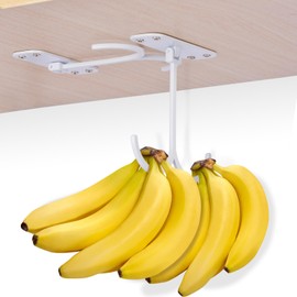 2-Pack Metal Banana Hanger, Under Cabinet Banana Double Hook, Sturdy Foldable Banana Hook with Screws, Keep Bananas Fresh, White