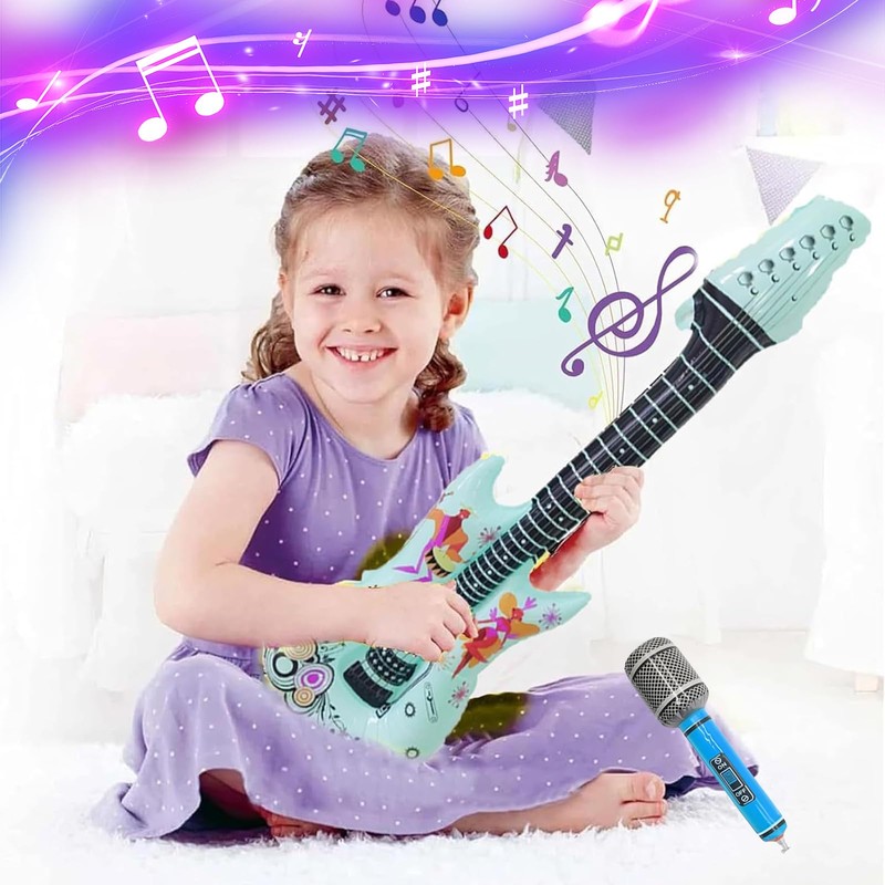 EWRGIJ Inflatable Guitar & Microphone, 16pc Party Props, Blue &