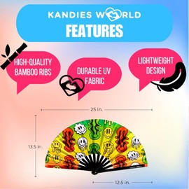 Kandies World Custom Festival Folding Hand Fan - Unique Designs, Made of Bamboo, Clacking Sound, Lightweight - Perfect Rave and Festival Accessory!… (Rasta Drippy Smiley)
