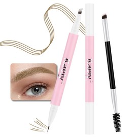 1 Pcs Light Brown Magic Microblading Eyebrow Contouring Pen Brow Pencil, 2-in-1 Eyebrow Pencil with Brow Brush, Dual-ended Eyebrow Brush, Hair Like Strokes, Natural Looking Eye Brow for Women, 01